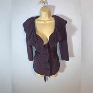 Charlie & Robin wool button ruffle collar purple tie back cardigan size small